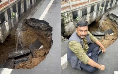 बोर्ड ऑफिस चौराहा में बारिश ने खोली सड़क की खामियाँ, लगभग 10 फीट गड्ढा