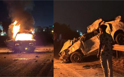 इंदौर-खलघाट हाइवे पर स्विफ्ट और ओमनी कार में हुई आमने सामने की टक्कर, आग लगने के बाद वेन चालक जिंदा जला